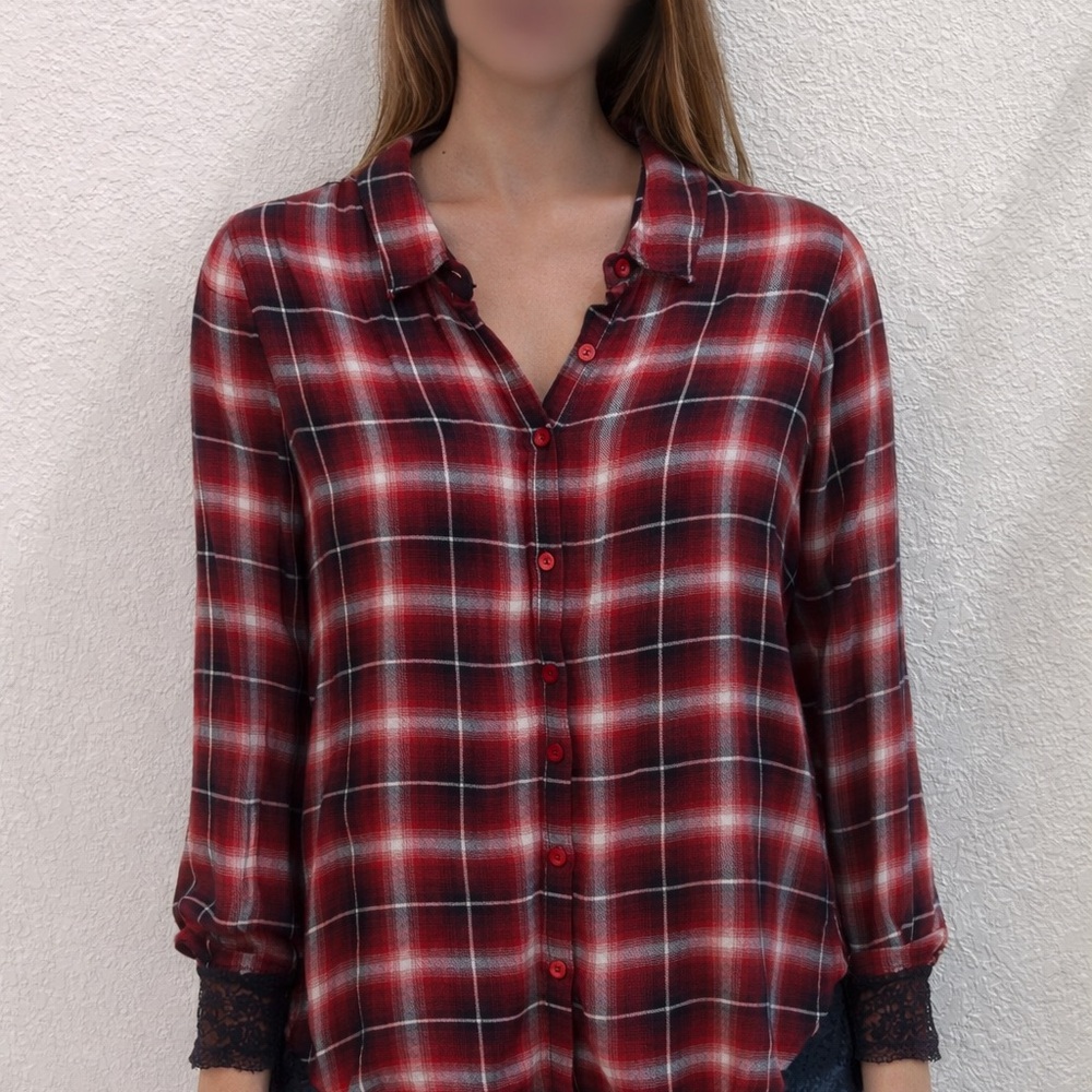 Andree Red Plaid Button-Down Shirt with Lace Cuffs